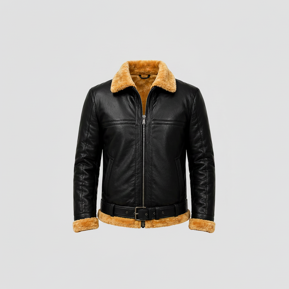 Men's Black Leather Shearling Jacket | B3 Aviator Bomber Jacket