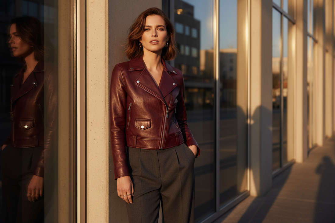 Woman styling a premium burgundy leather jacket in an urban setting – Scorpion Hide Co