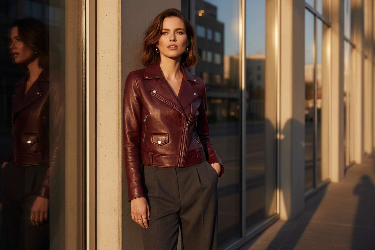 Woman styling a premium burgundy leather jacket in an urban setting – Scorpion Hide Co