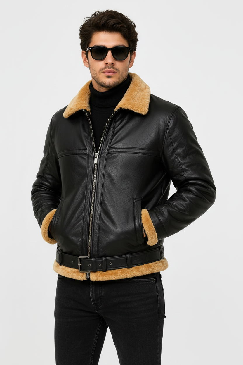 Men’s black leather shearling jacket B3 aviator bomber with fur collar