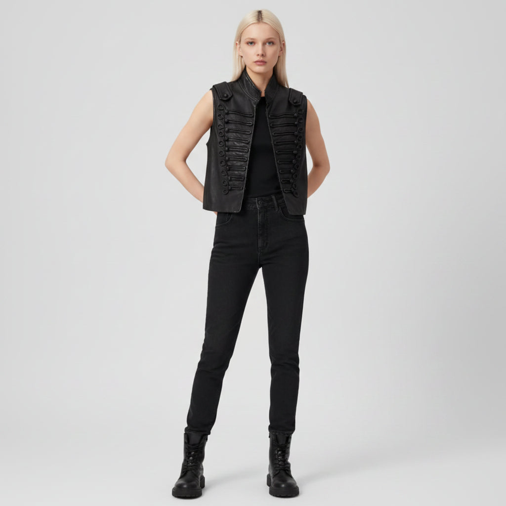 Black leather vest with decorative buttons worn by a person on a white background