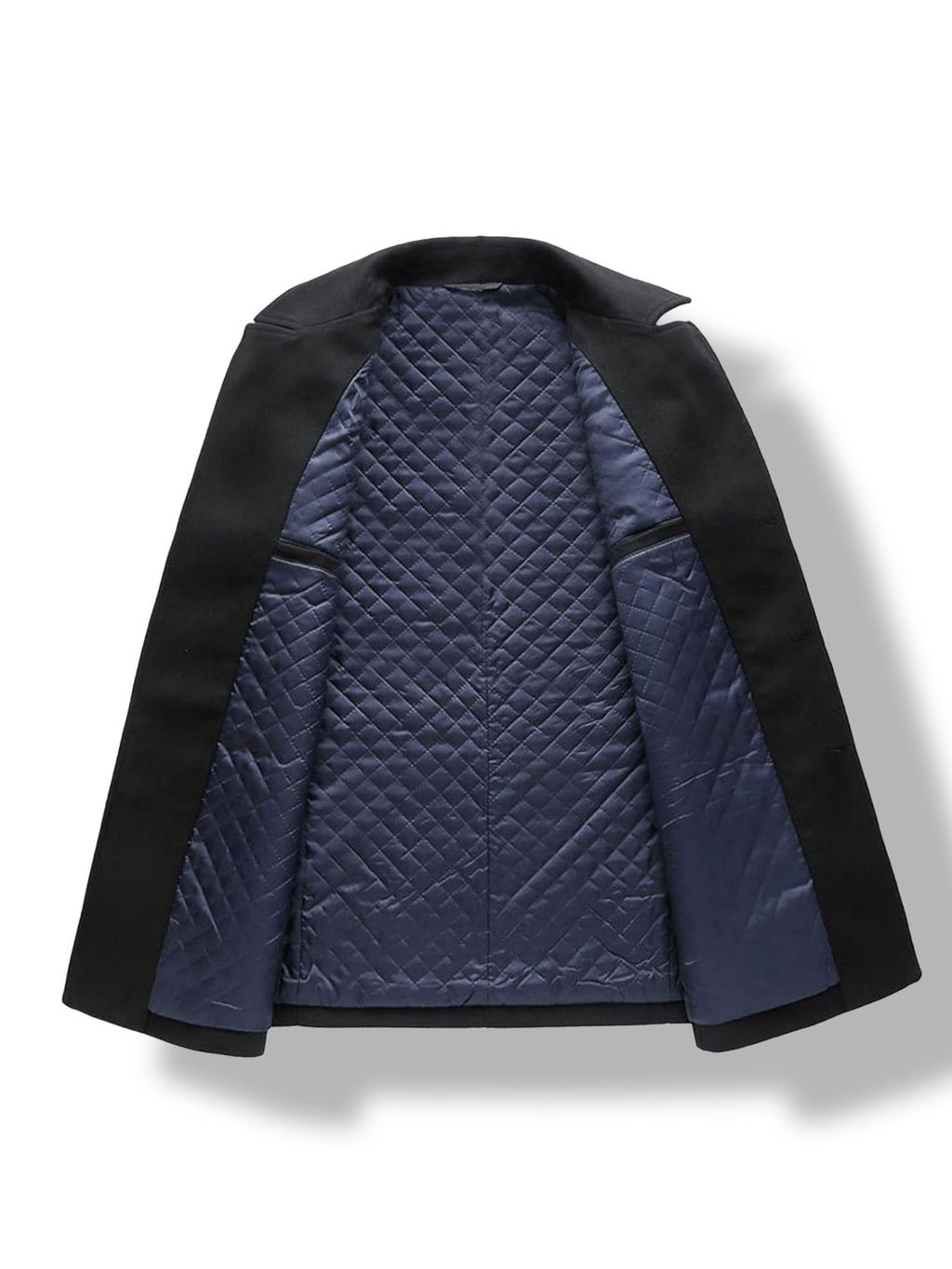 Black double breasted wool peacoat – tailored fit side view men's winter outerwear

