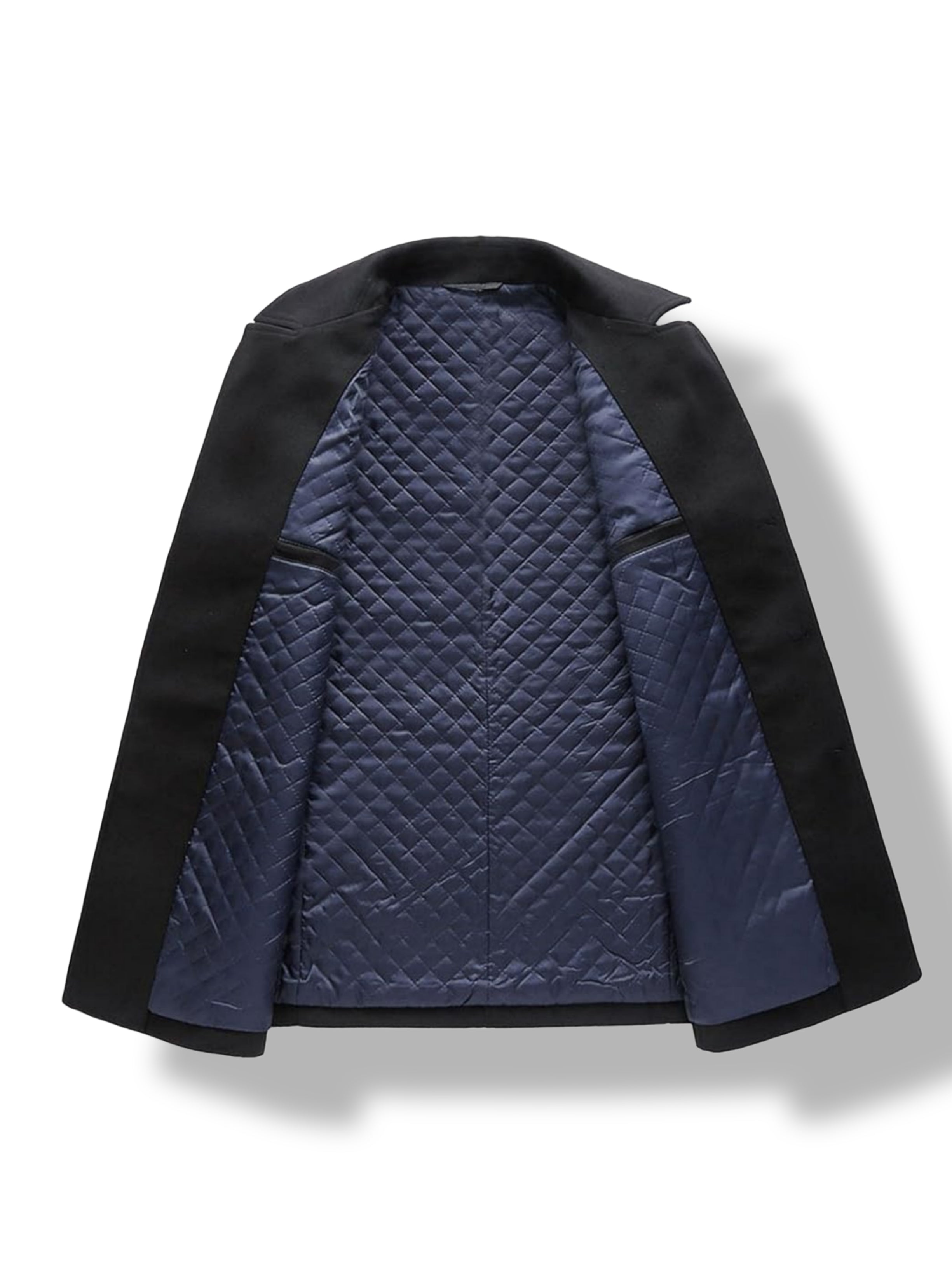 Black double breasted wool peacoat – tailored fit side view men's winter outerwear
