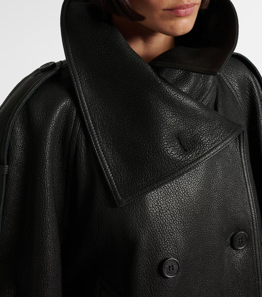 Black genuine leather coat button detail – double breasted luxurious women's outerwear
