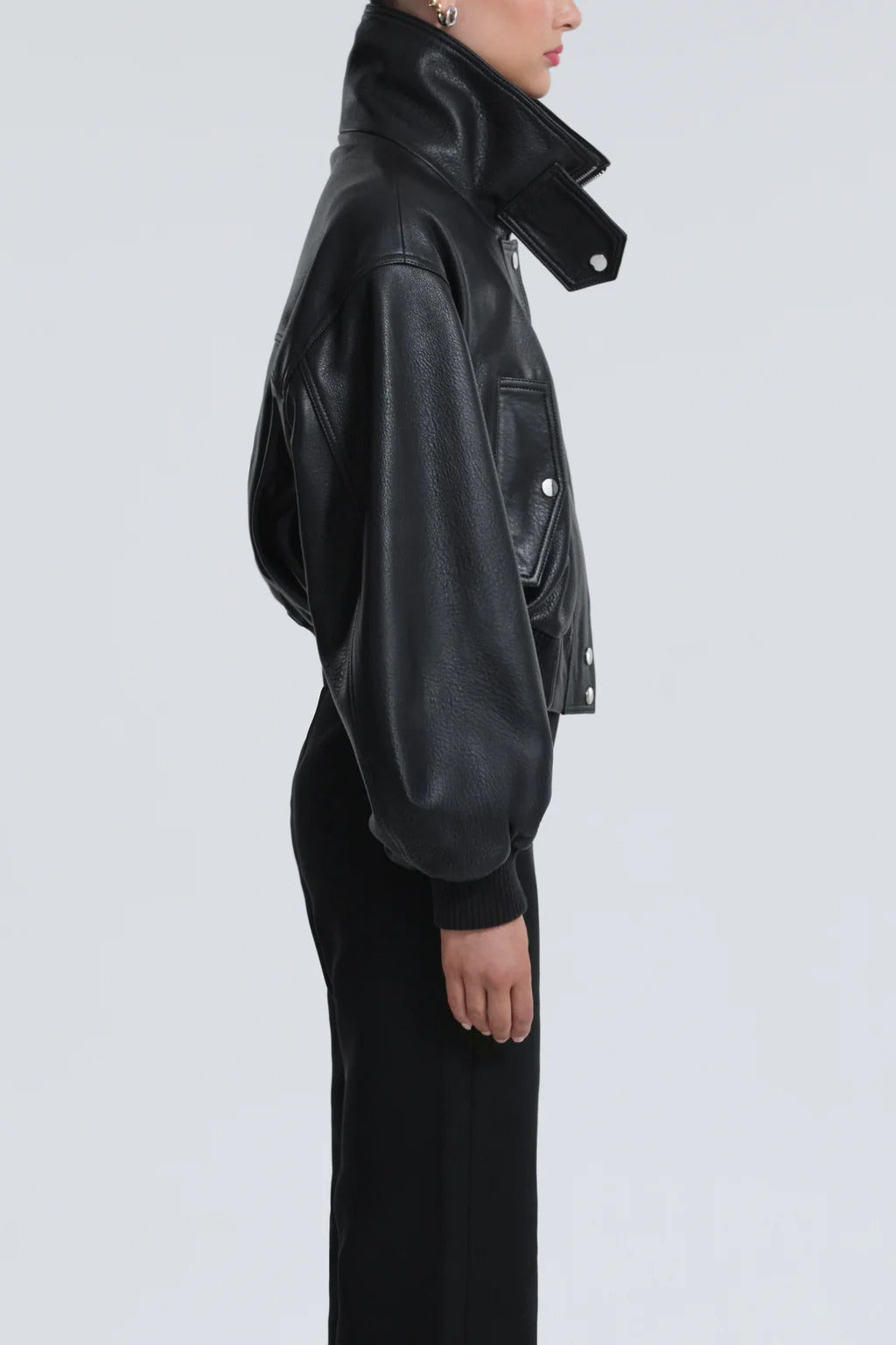 Black leather cropped bomber jacket – high neck zip closure side view women's fashion
