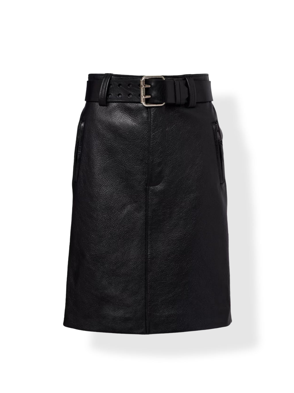 Black leather midi pencil skirt – high waist belted front view for women
