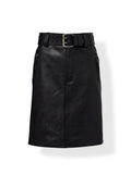 Black leather midi pencil skirt – high waist belted front view for women
