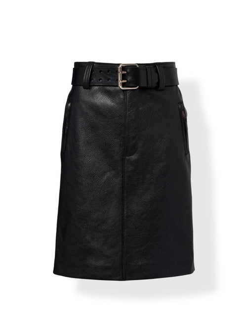 Black leather midi pencil skirt – high waist belted front view for women

