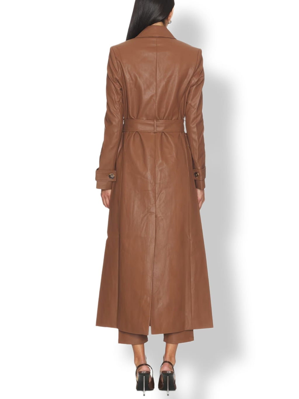 Brown genuine leather trench coat – double breasted waist belt back view women's winter coat
