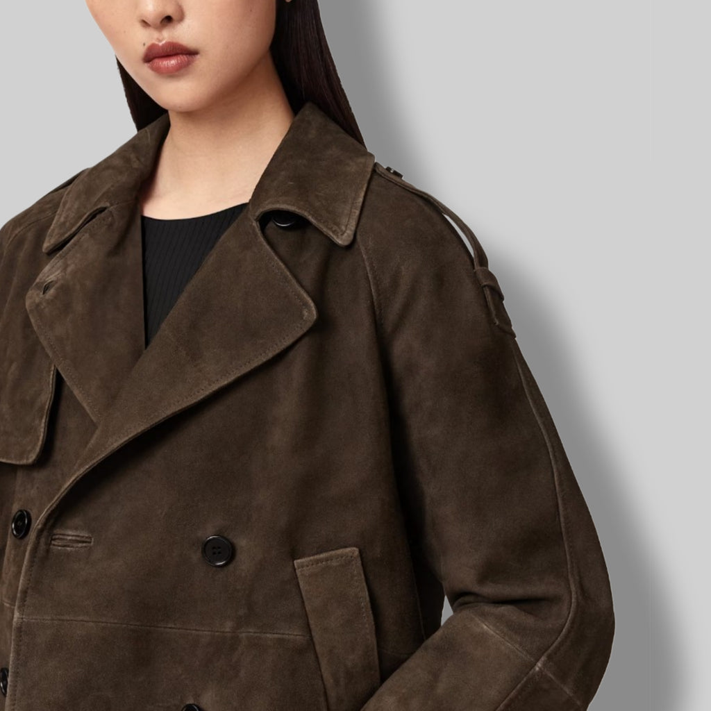 Brown suede double breasted jacket – distressed leather military inspired side view
