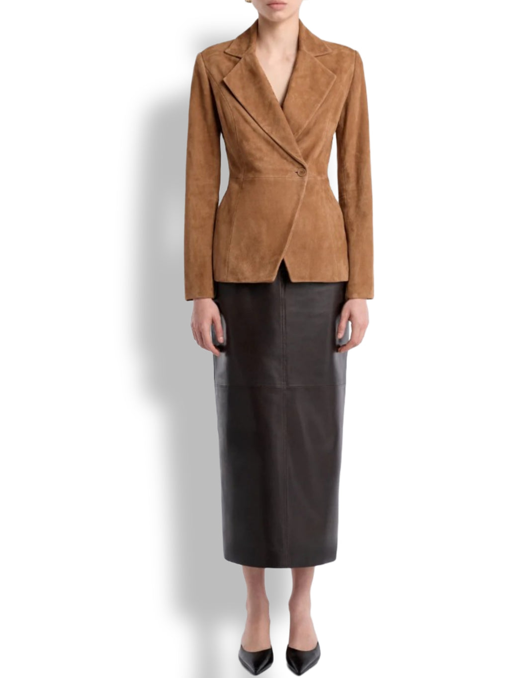 Brown suede leather blazer – smart casual tailored side view women's jacket
