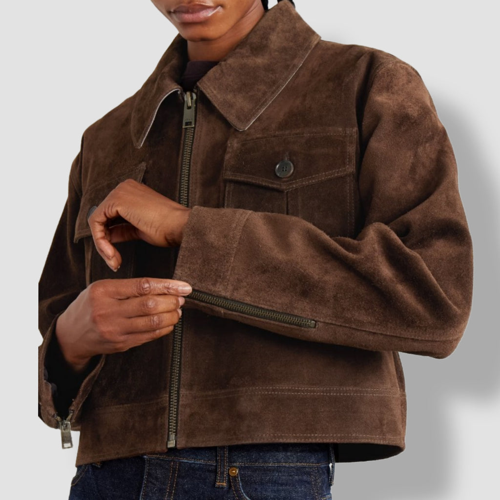 Brown suede leather cropped jacket – zip closure side view women's fashion

