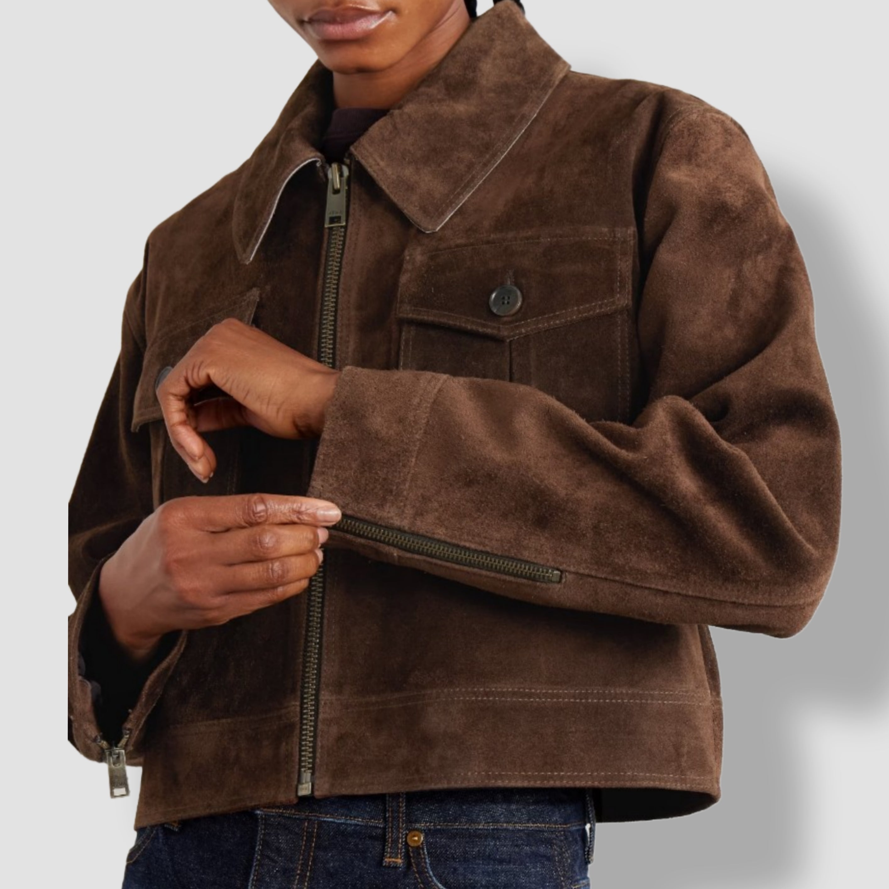 Brown suede leather cropped jacket – zip closure side view women's fashion
