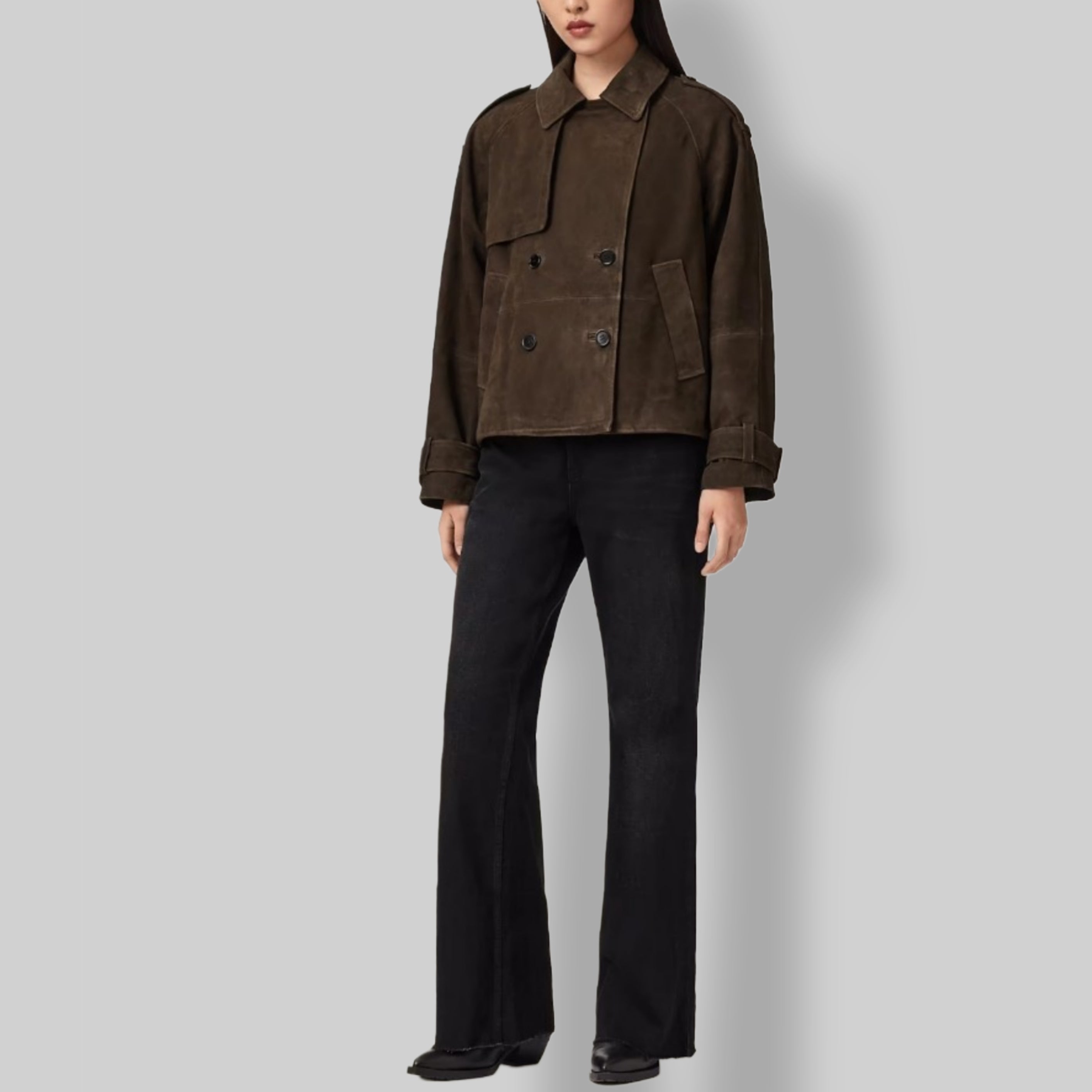 Brown suede leather jacket button detail – heritage military inspired women's outerwear
