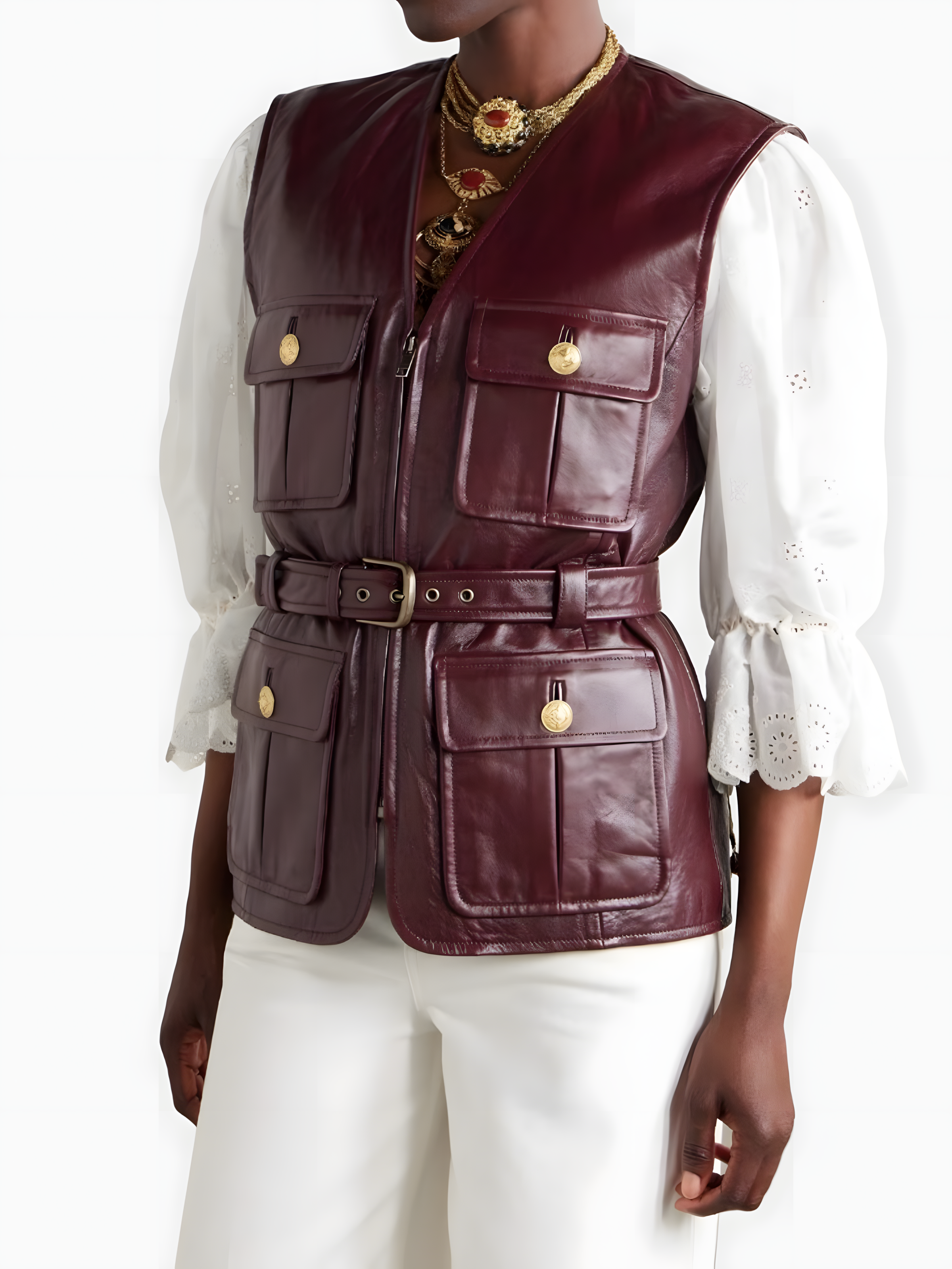 Burgundy leather belted vest – multiple pockets side view women's chic outerwear
