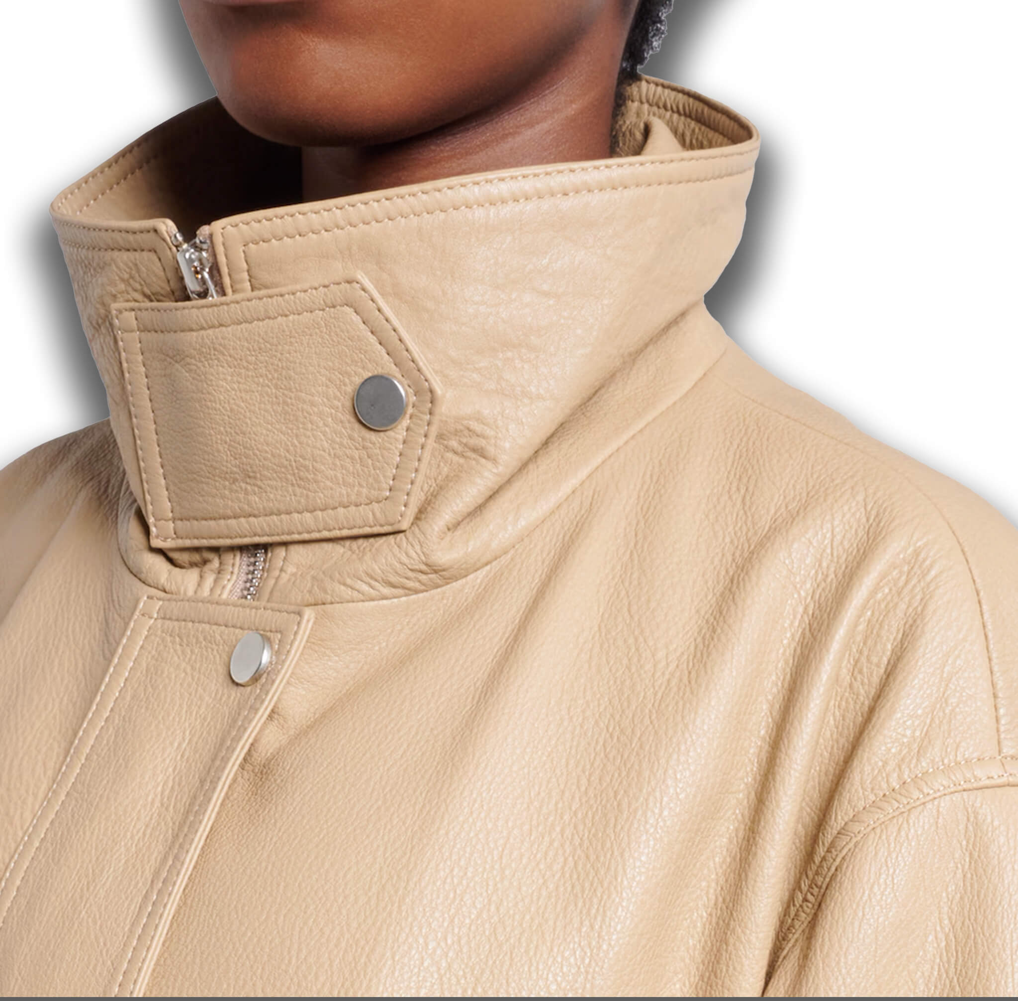 Camel leather bomber jacket collar and pocket detail – premium women's luxury outerwear