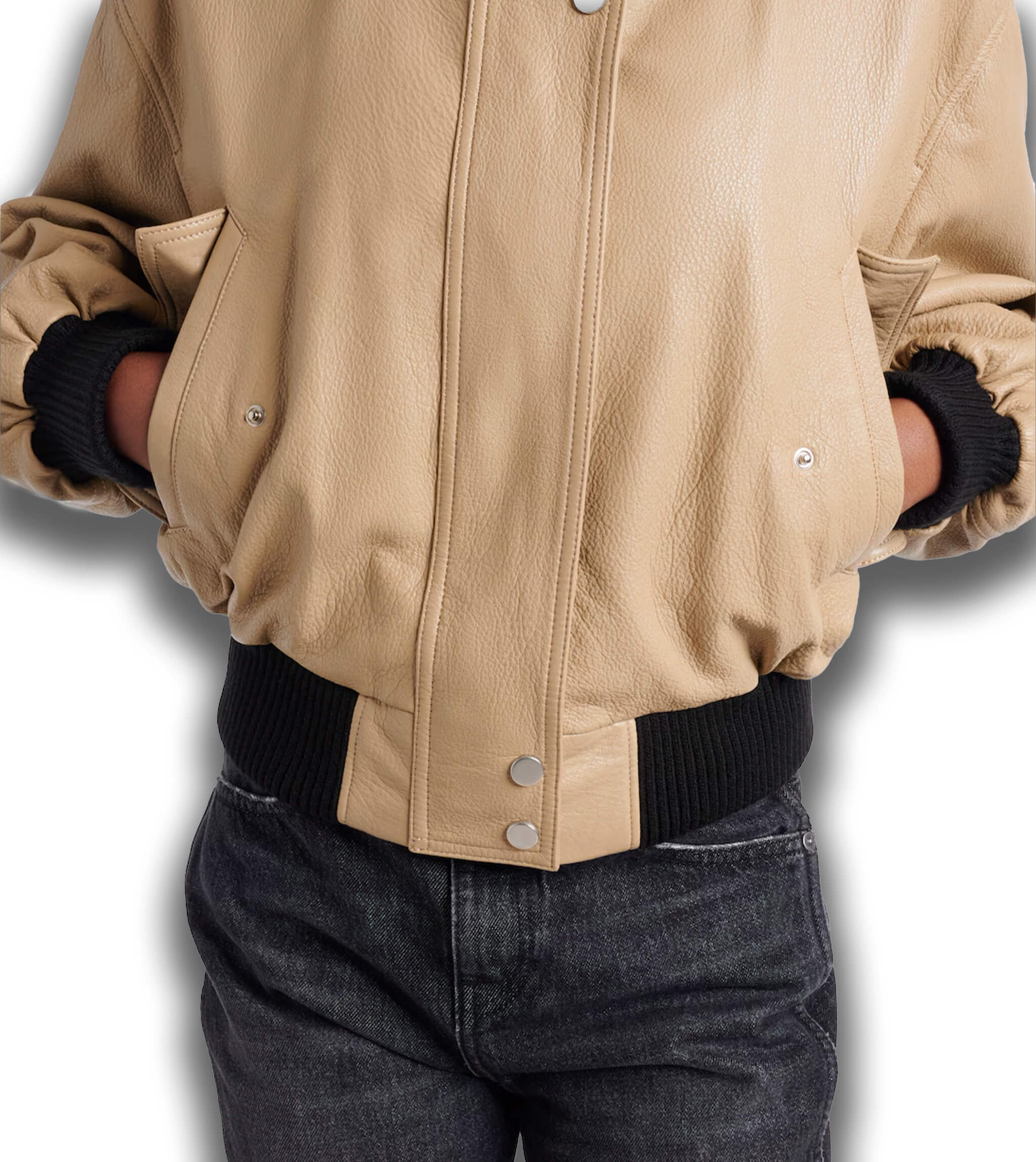 Camel leather cropped bomber jacket – ribbed hem flap pockets side view women's outerwear