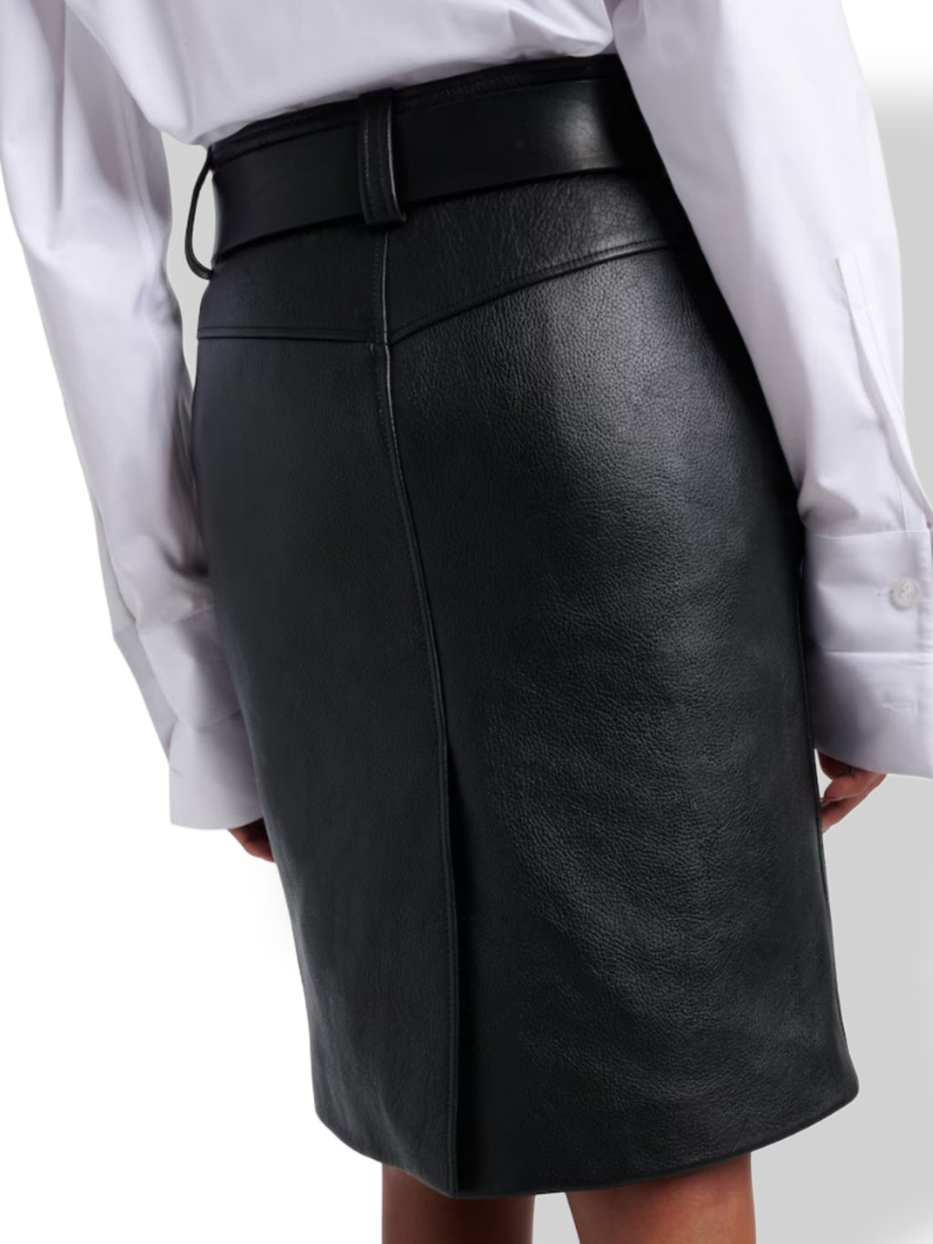 Genuine leather midi pencil skirt with belt detail – women's luxury fashion
