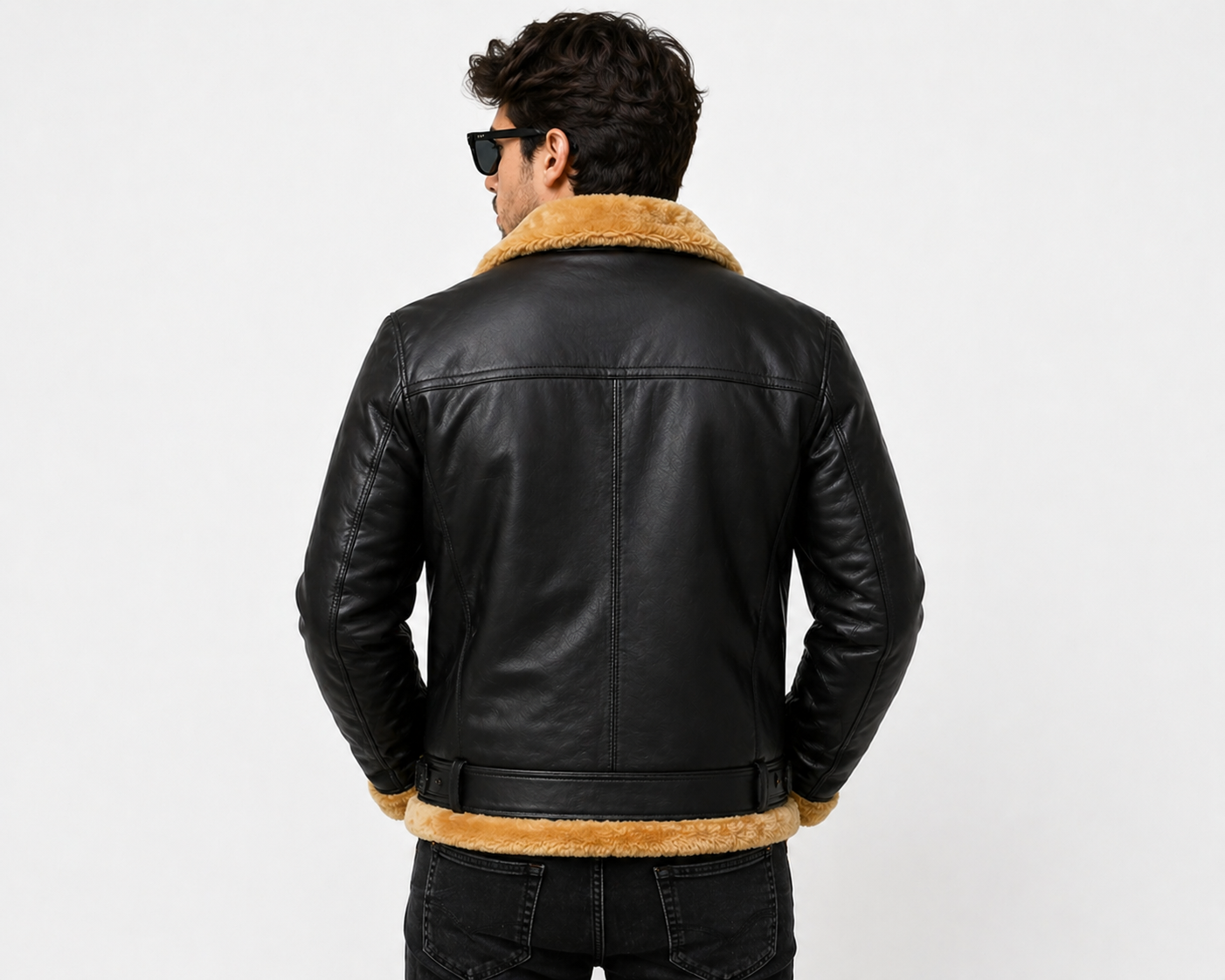 Man wearing a black leather jacket with brown fur trim on a white background