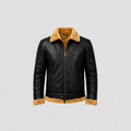 Black leather jacket with brown fur collar and cuffs on a white background