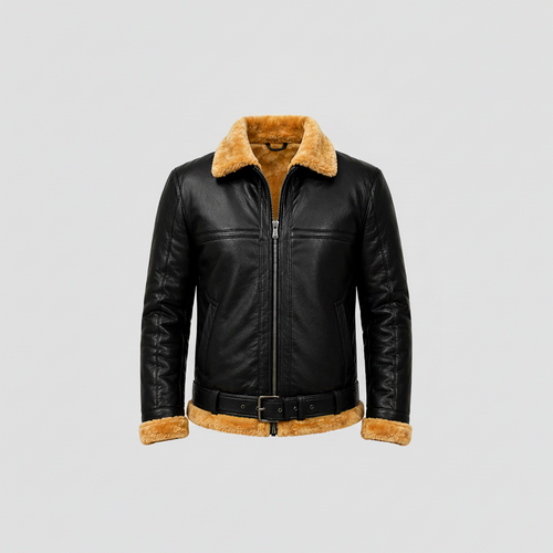 Black leather jacket with brown fur collar and cuffs on a white background