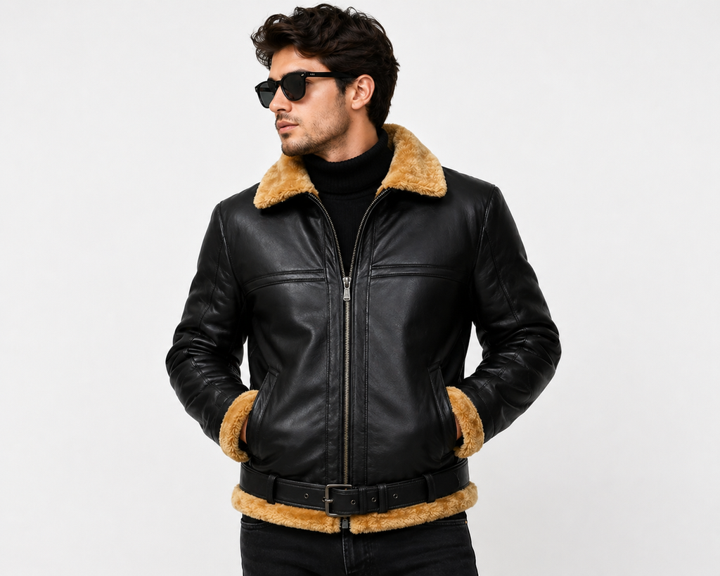 Man wearing a black leather jacket with fur trim on a white background