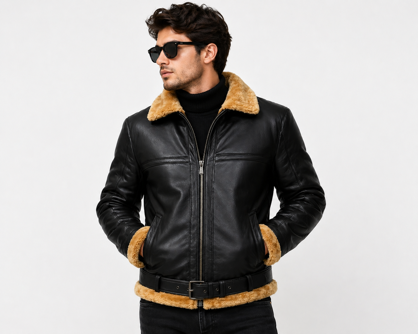 Man wearing a black leather jacket with fur trim on a white background