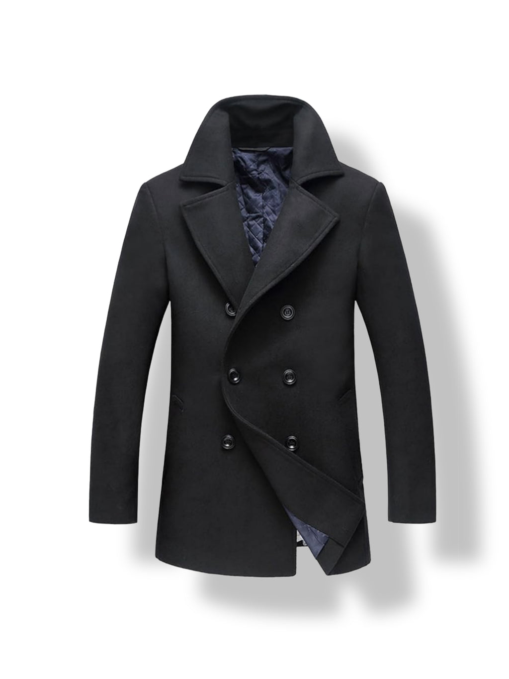 Men's black wool peacoat – double breasted winter coat front view
