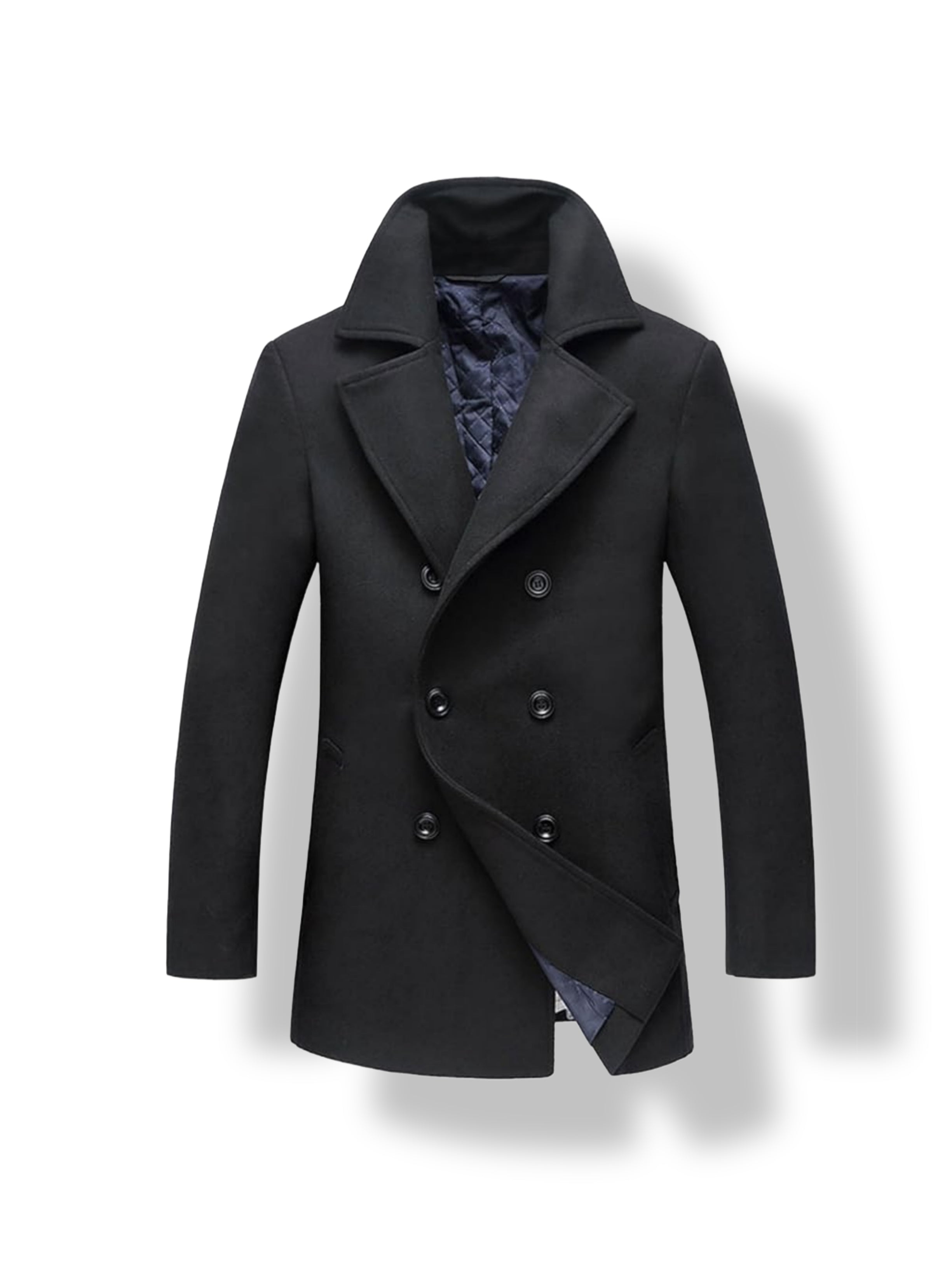 Men's black wool peacoat – double breasted winter coat front view
