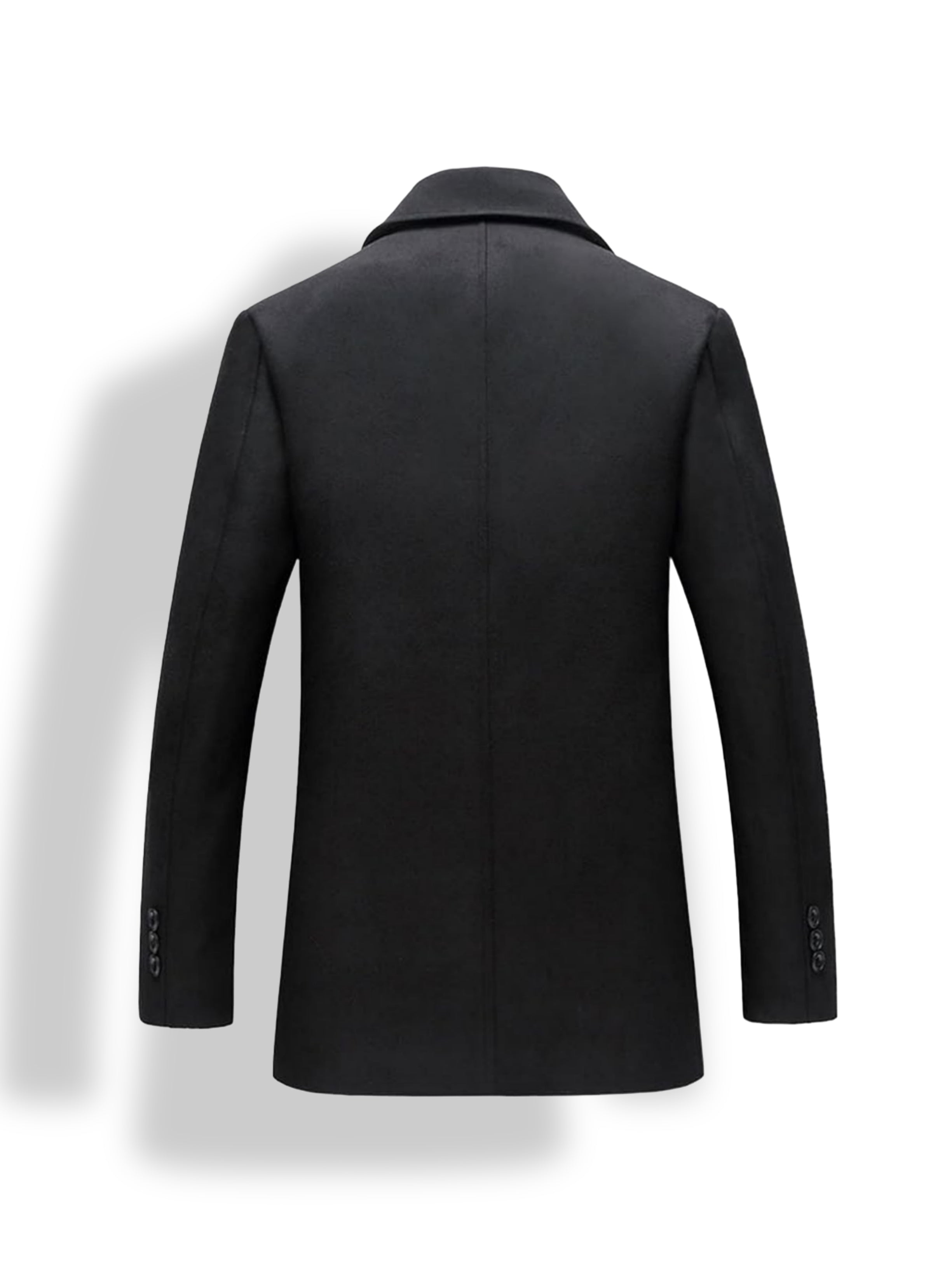 Men's classic black wool peacoat – warm double breasted coat back view
