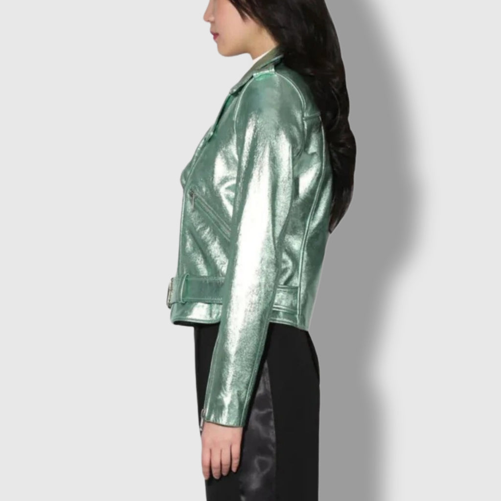 Metallic green genuine leather biker jacket – waist belt moto style side view women's fashion
