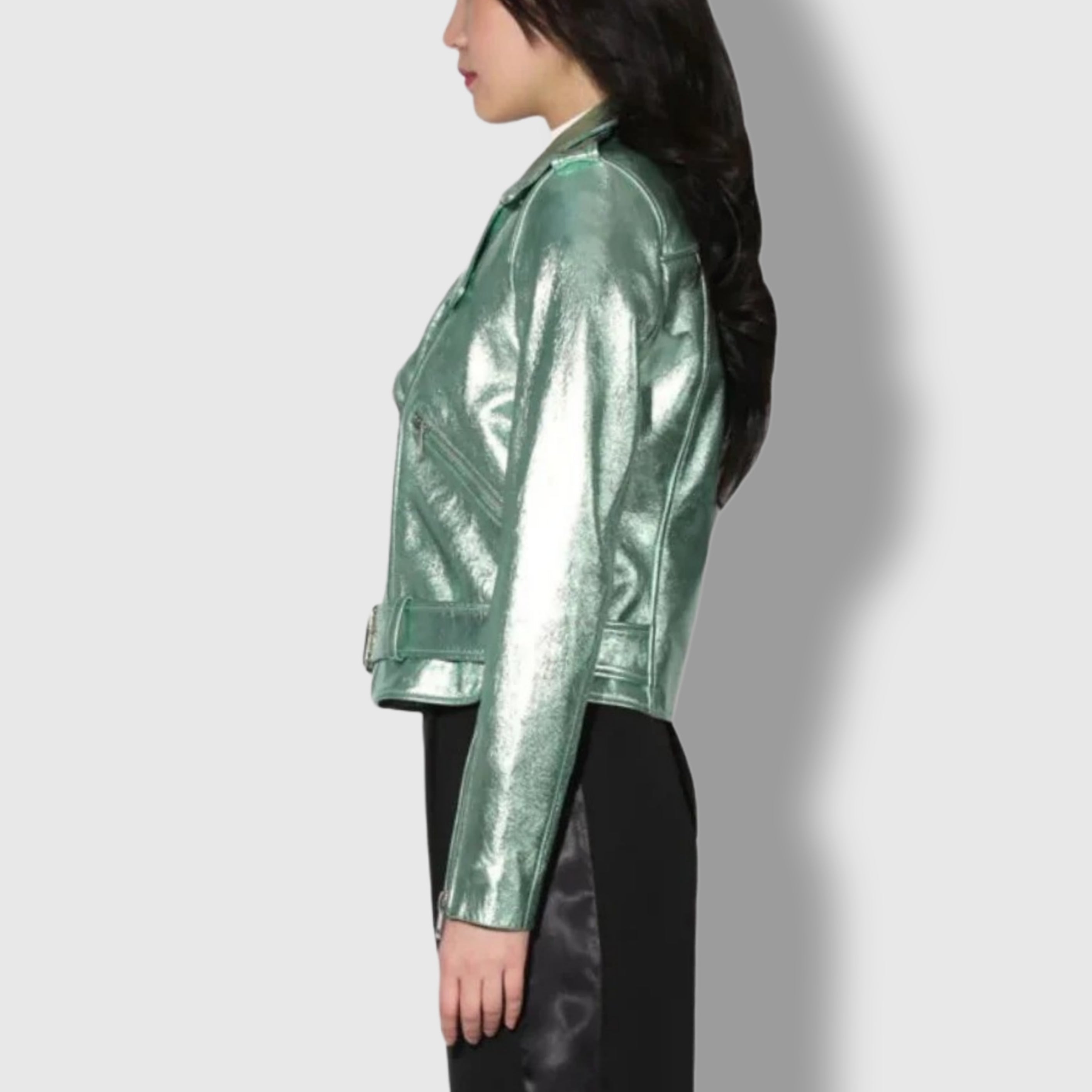 Metallic green genuine leather biker jacket – waist belt moto style side view women's fashion
