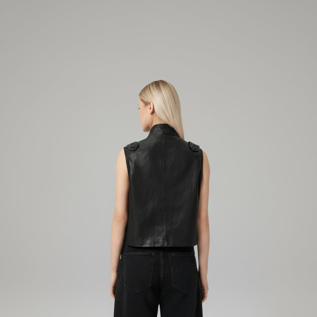 Person wearing a black leather vest against a white background