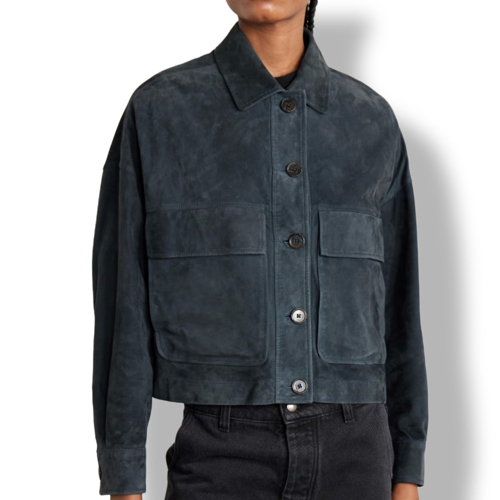 Navy blue suede leather jacket – button-front closure side view women's outerwear
