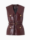 Women’s Burgundy Leather Utility Vest – Belted Multi Pocket Jacket