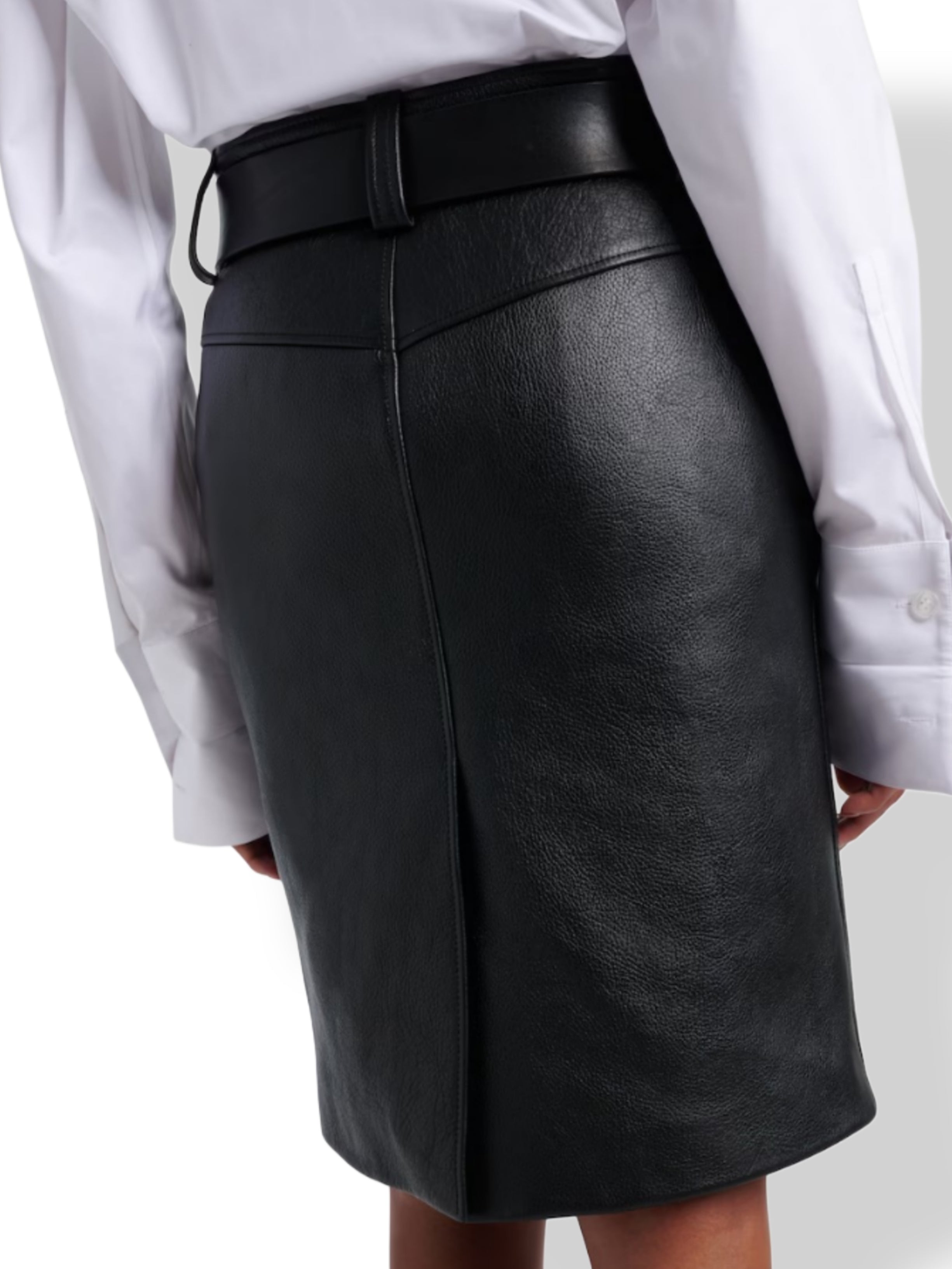 Black Leather Midi Pencil Skirt – High Waist Belted for Women
