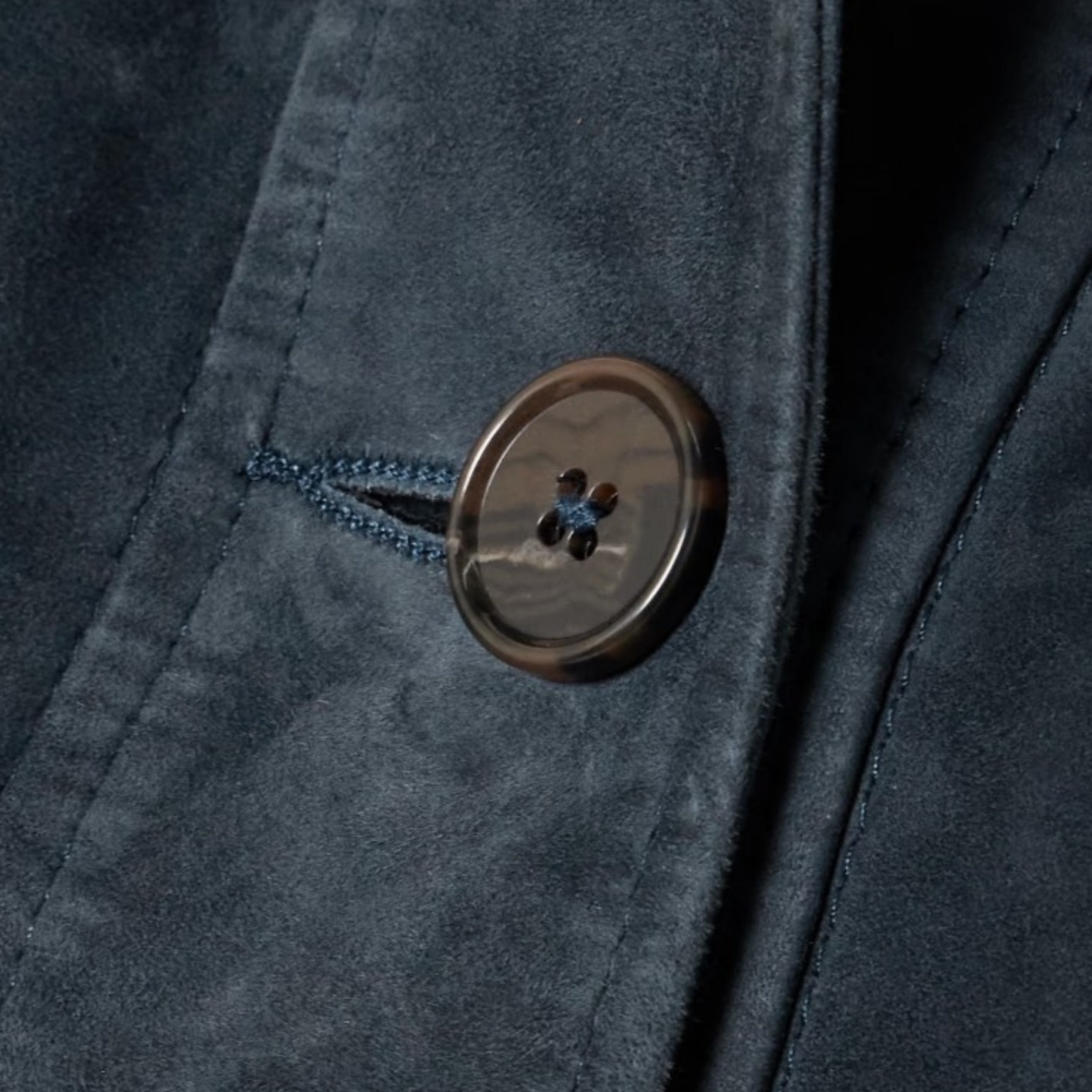 Premium navy blue suede leather jacket detail – handcrafted button-front women's coat

