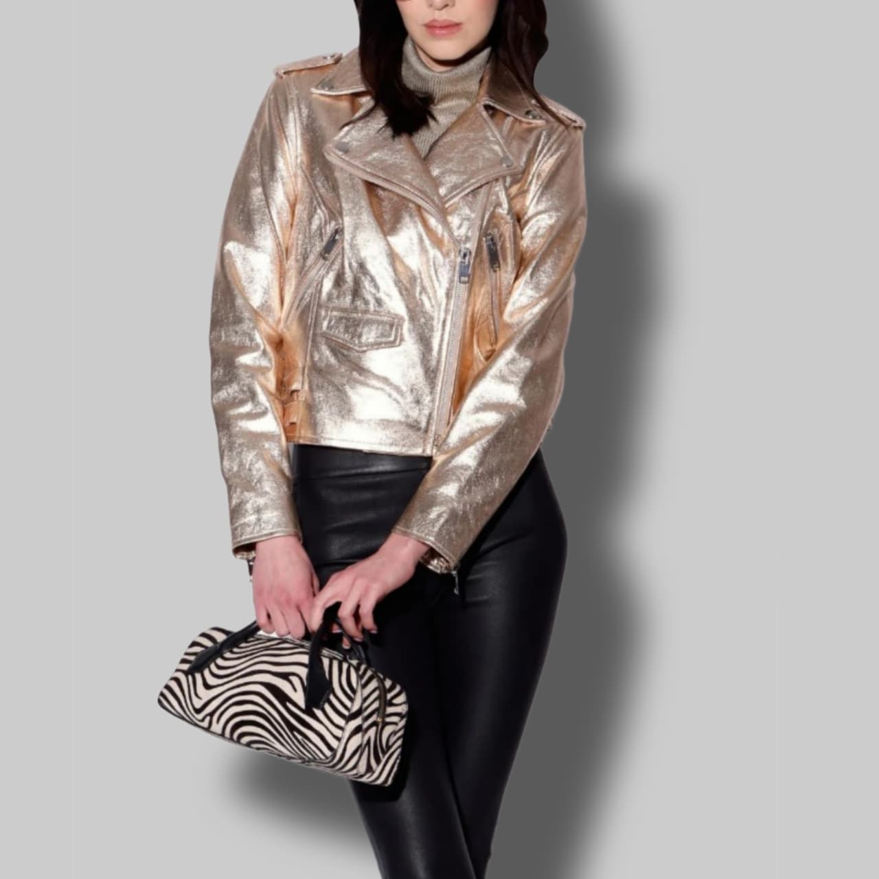 Women's Gold Metallic Leather Biker Jacket – Moto Style