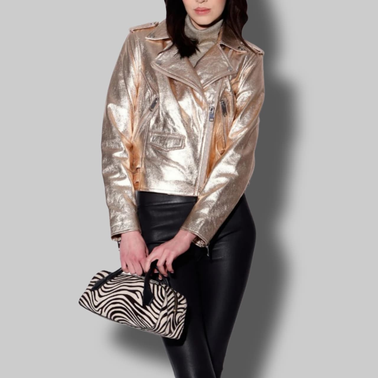 Women's Gold Metallic Leather Biker Jacket – Moto Style