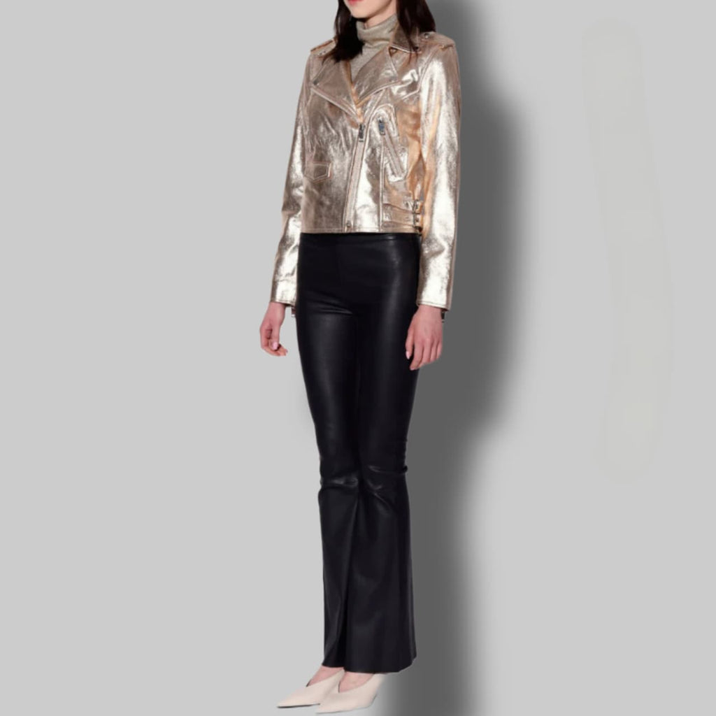 Women's Gold Metallic Leather Biker Jacket – Moto Style