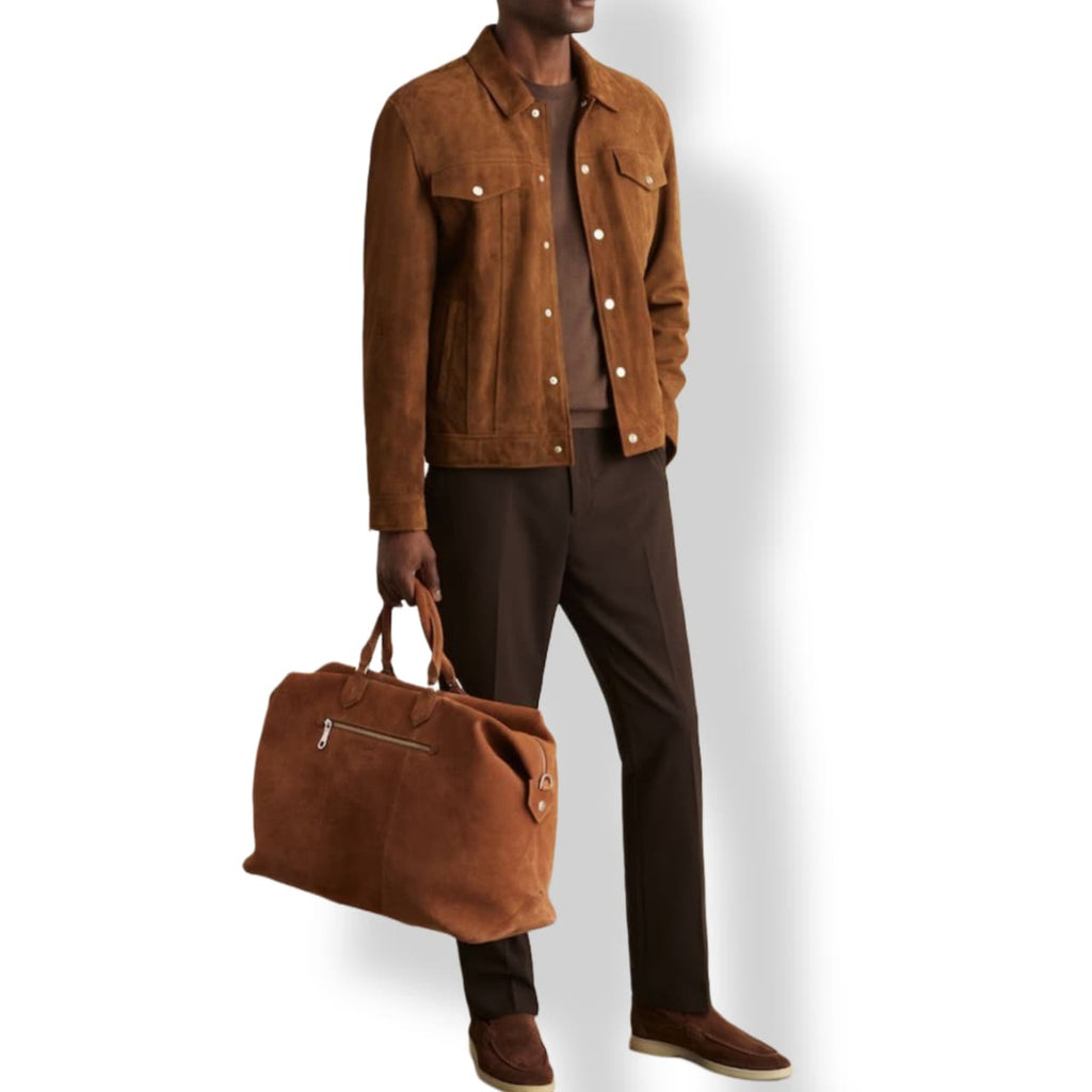 Men's Brown Suede Leather Trucker Jacket – Classic Button Front