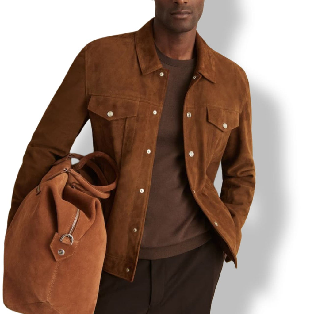Men's Brown Suede Leather Trucker Jacket – Classic Button Front