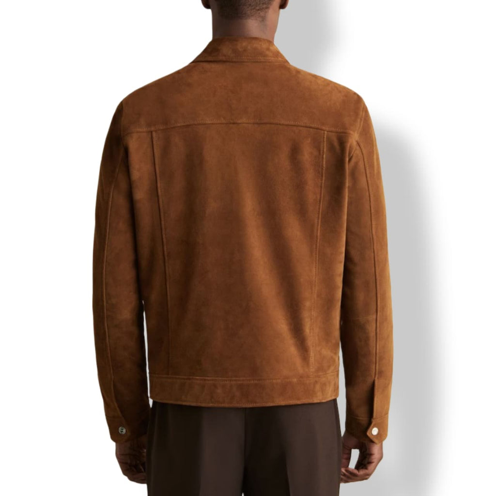 Men's Brown Suede Leather Trucker Jacket – Classic Button Front