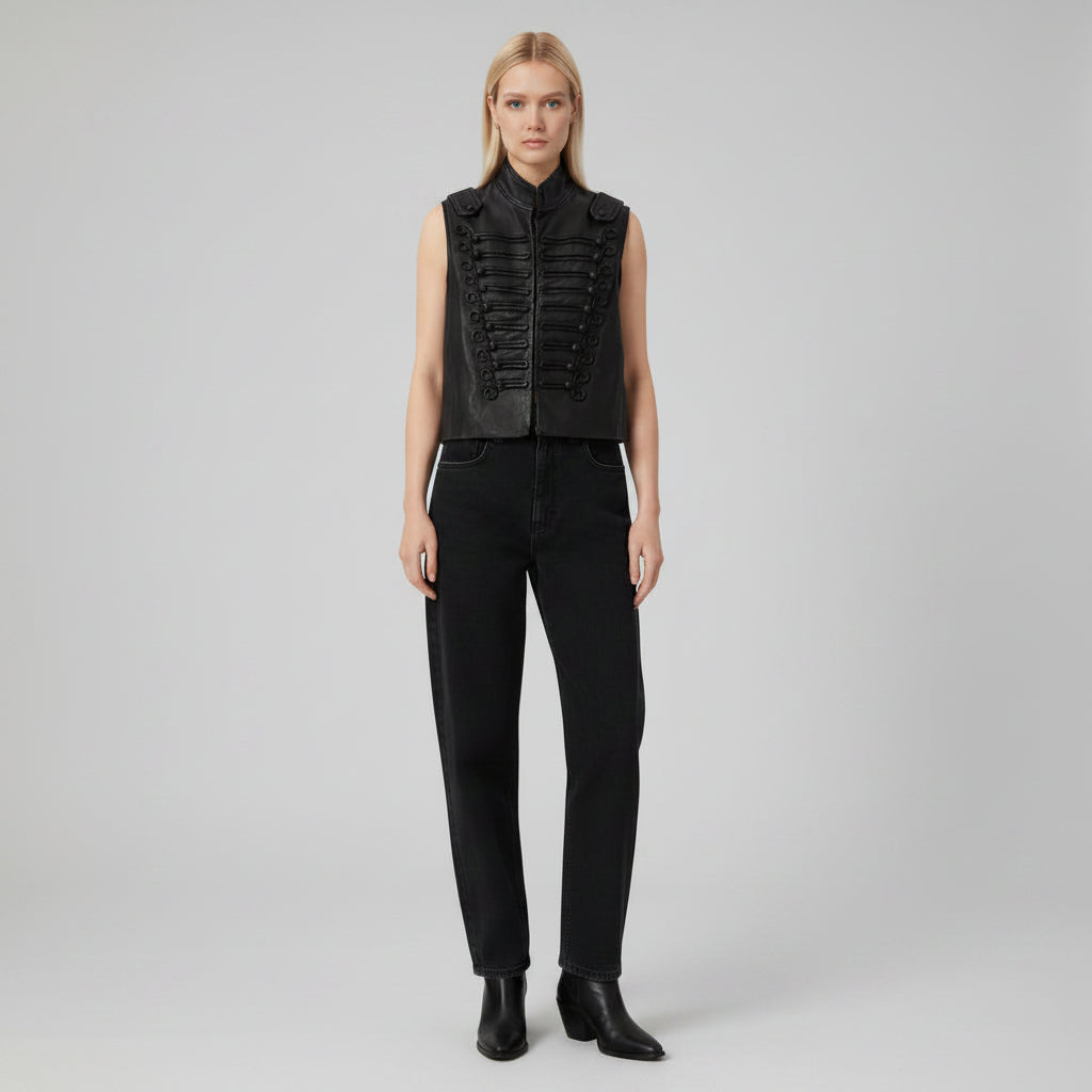 Black leather vest with decorative lacing worn by a person on a white background