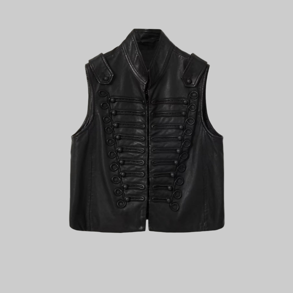 Black leather vest with button details on a white background