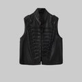 Black leather vest with button details on a white background