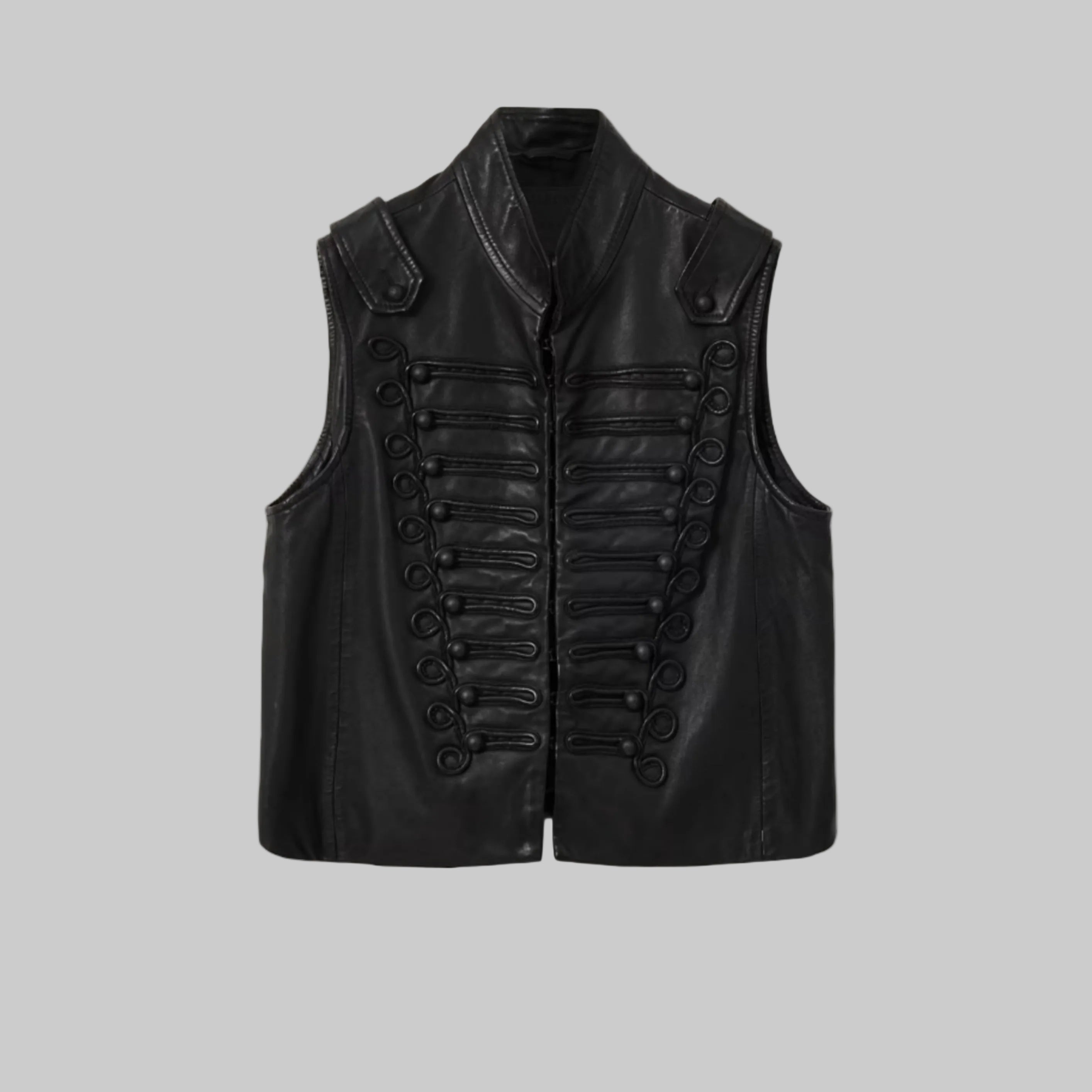 Black leather vest with button details on a white background