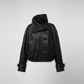 Women's black genuine leather coat – double breasted high neck jacket front view
