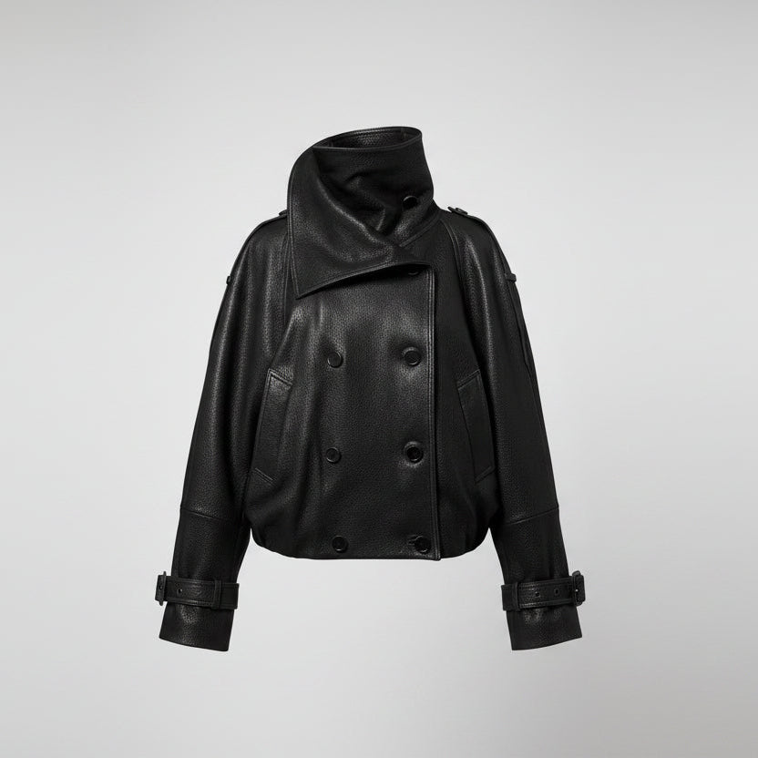 Women's black genuine leather coat – double breasted high neck jacket front view
