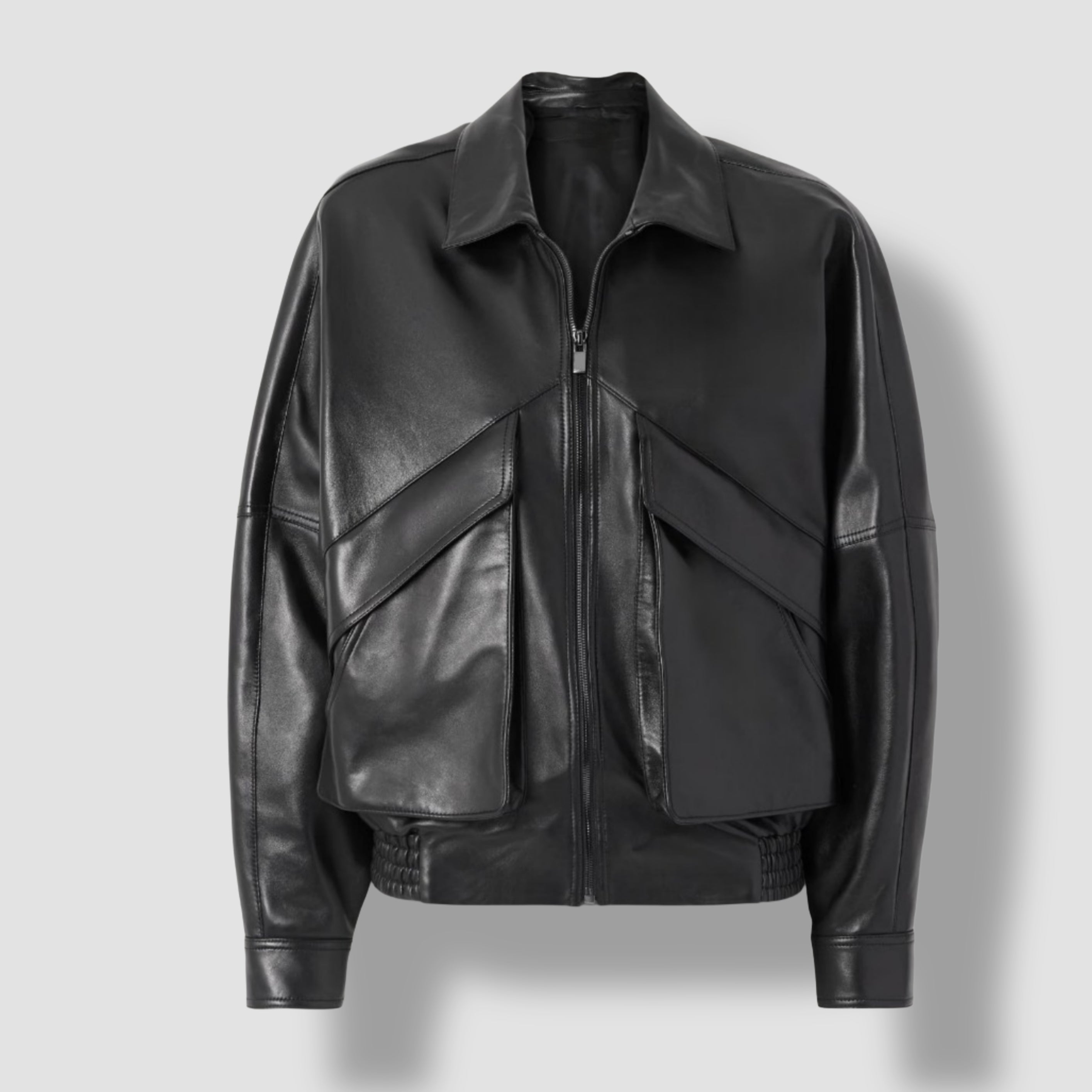 Women's black leather bomber jacket – genuine leather panelled design front view
